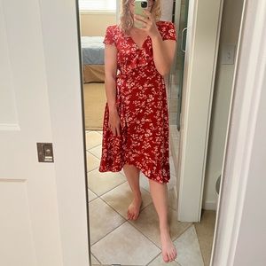 Red floral wrap midi dress